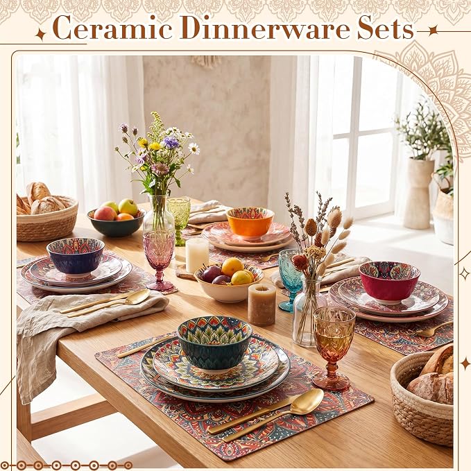 Domensi 12 Pieces Ceramic Dinnerware Sets Porcelain Plates and Bowls Set Service for 4 Ceramic Boho Dishes Tableware Bohemian Style Diningware Housewarming Wedding Gift