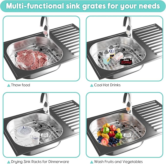 2Pack Sink Protectors for Kitchen Sink 13''x16''&11.2''x14.5'', Sink Rack for Bottom of Sink, Stainless Steel Sink Grid, Rust Resistant Metal Sink Protector with 2Pack Sink Strainer