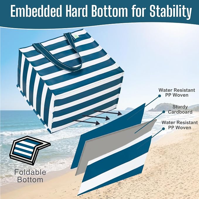 VENO 4 Pack Reusable Grocery Shopping Bags, Heavy-Duty Tote Bags with Handles, for Shopping Cart with Hard Bottom to Stand Upright, Foldable (Navy Stripe, 4 Pack)