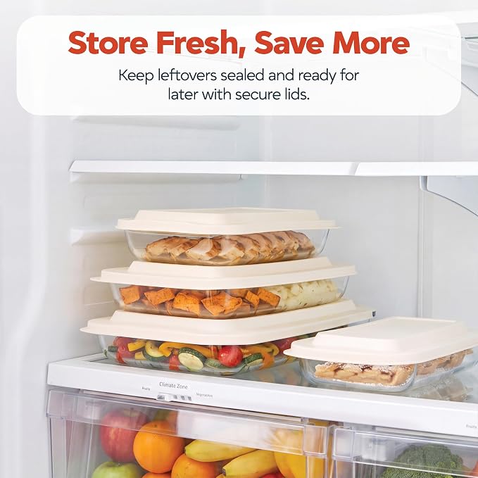 Pexo 8 Piece Glass Baking Dish Set with Plastic Lids, With Silicone Handles for Easy Grip (1.06QT, 1.69QT, 2.32QT, 3.17QT), Clear Glass Casserole Dishes for Oven, Airtight Lids, Glass Bakeware, Freezer, Oven, and Dishwasher safe (White)