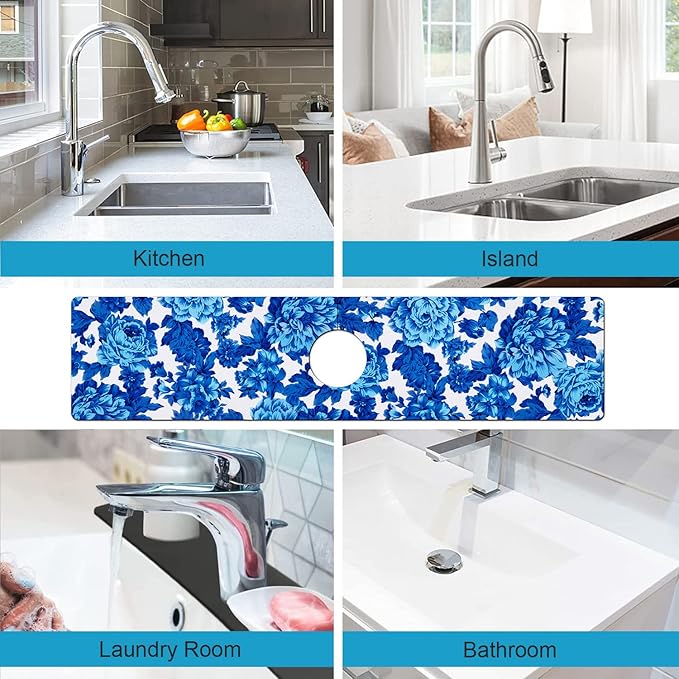 Kitchen Sink Splash Guard Faucet Mat Super Absorbent Fast Drying Mat Sink Gadgets Splash Guard Behind Faucet Drip Catcher for Kitchen (Blue Flowers, 23.5x5.5in)