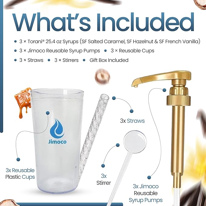 Jimoco Barista Set – Torani Sugar Free French Vanilla, Salted Caramel & Hazelnut Syrups (25.4 oz Each) with 3 Jimoco Syrup Pumps, Reusable Cups, Straws & Stirrers – Coffee, Italian Soda & Cocktail Flavoring Kit