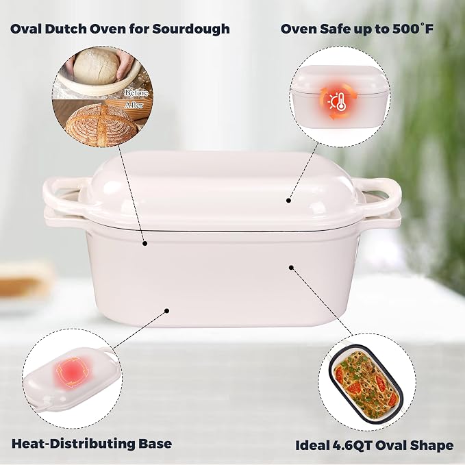 4.6 Quart Dutch Oven for Sourdough Bread Baking, Combo Oval Enameled Cast Iron Bread Pan with Lid, Bread Dutch Oven for a Crispy Crust, White