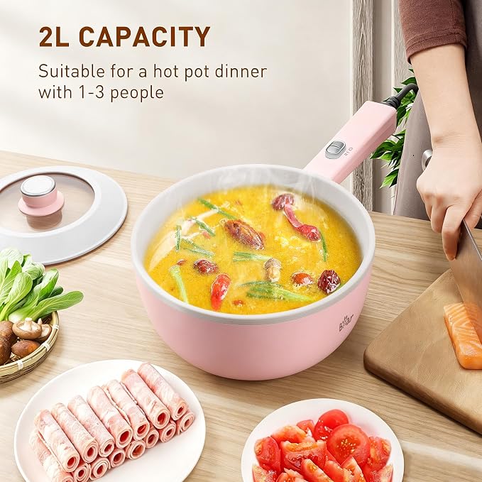 Bear 2L Non-Stick Hot Pot，1000W | Multifunctional Portable Cooking Pot, Rapid Noodles Electric, Non-Stick Frying Pans for Steak, Egg, Ramen, Oatmeal