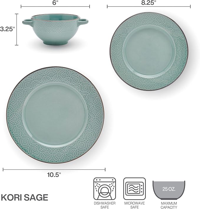 Pfaltzgraff Kori 12 Piece Dinnerware Set with Double Handled Bowl, Service for 4, Sage