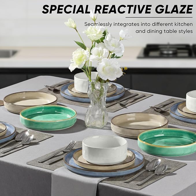 E-far 16-Piece Plates and Bowls Sets with Pasta Bowls - Stoneware Dinnerware Set for 4, Modern Ribbed Dishes, Microwave & Dishwasher Safe, Multicolor