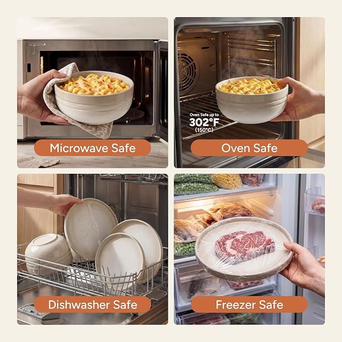 SMIRLY Stoneware Dinnerware Set for 4, 12-Piece Ceramic Plates and Bowls Set, Chip & Scratch Resistant Dish Set, Microwave, Dishwasher & Oven Safe for Everyday Meals, Cream White