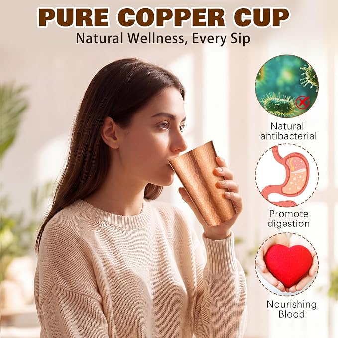 Willinglong 1 Pcs 100% Pure Copper Cup Tumblers 18.5 oz Handcrafted Hammered Copper Cups, Ayurvedic Health Benefits Drinking Vessel for Family Health Water, Cocktails, Iced Tea Glasses(Threaded)