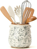 Utensil Holder for Kitchen Counter, Modern Farmhouse Rustic Cooking Utensil Holder and Crock, Exquisite Chinoiserie Floral Ceramic Utensil Organizer for Home Kitchen Decor- Gray Flower Patterns