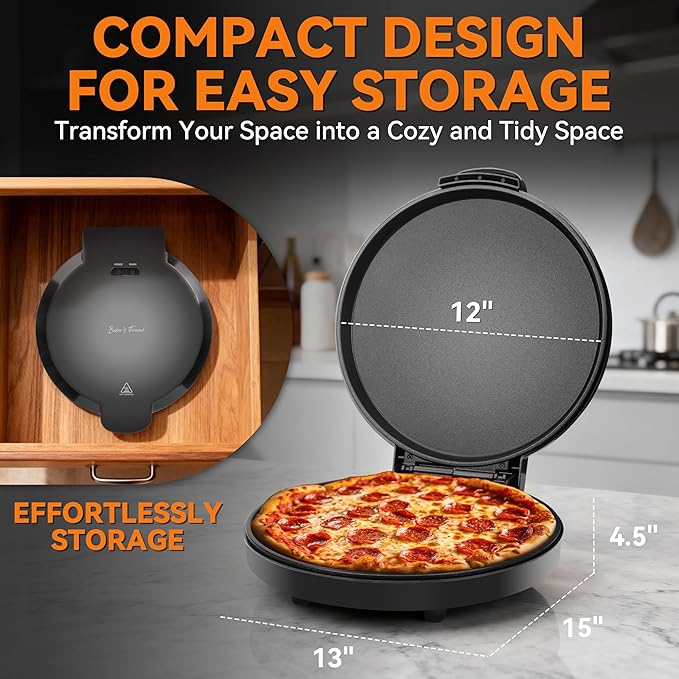 Baker’s Friend Countertop Pizza Maker Electric, 12 Inch Pizza Maker Machine for Home, Quesadilla Maker, Non-stick Cooking Plates,Horno Para Pizza, 1400W, Graphite