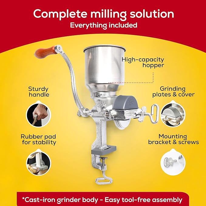 Corona Corn Grinder with High Hopper, Grain Mill, Manual Grinder For Corn, Rice, Soybeans, Pepper, Chickpeas, Cast Iron Wheat Grinder For Domestic Use