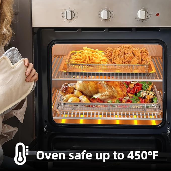 Air Fryer Basket for Oven, 2 Set Air Fryer Pan and Crisper Tray, YEPATER 18.7" x 12.8"&15.7" x 11.6"Large Size Stainless Steel Air Fryer Pan and Crisper Tray with 60 PCS Parchment Paper for Baking