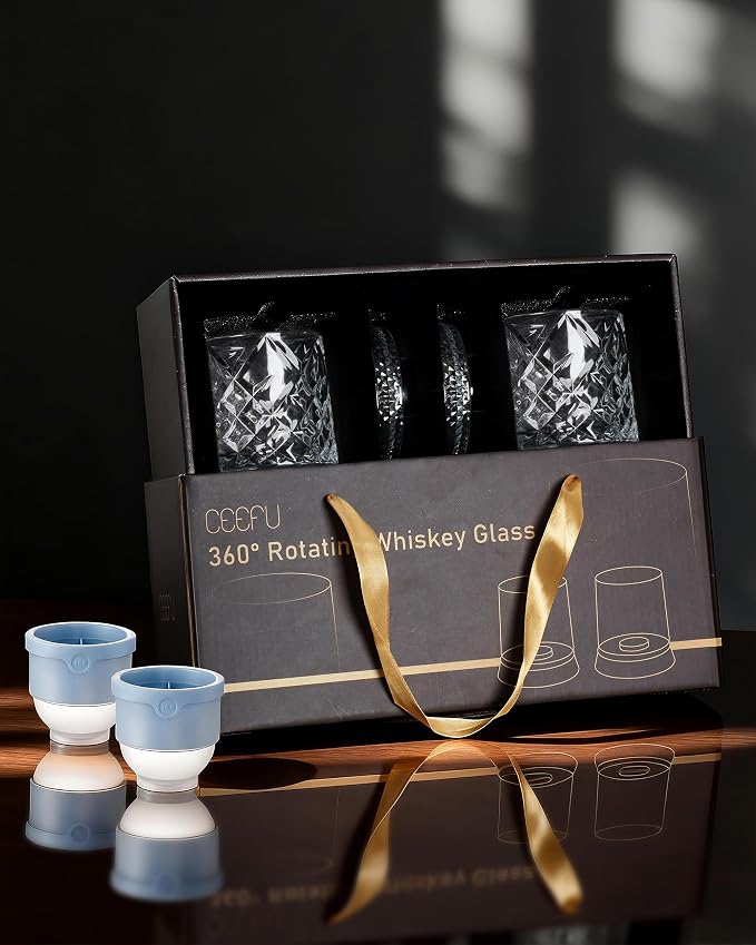 CEEFU Old Fashioned Whiskey Glasses with 360° Rotating Base, Set of 2 (2 Crystal Glasses Set, 2 Big Ice Ball Molds) In Gift Box - Bourbon, Cocktail, Rocks, Bday Gifts Ideas for Men, Ice Crackle