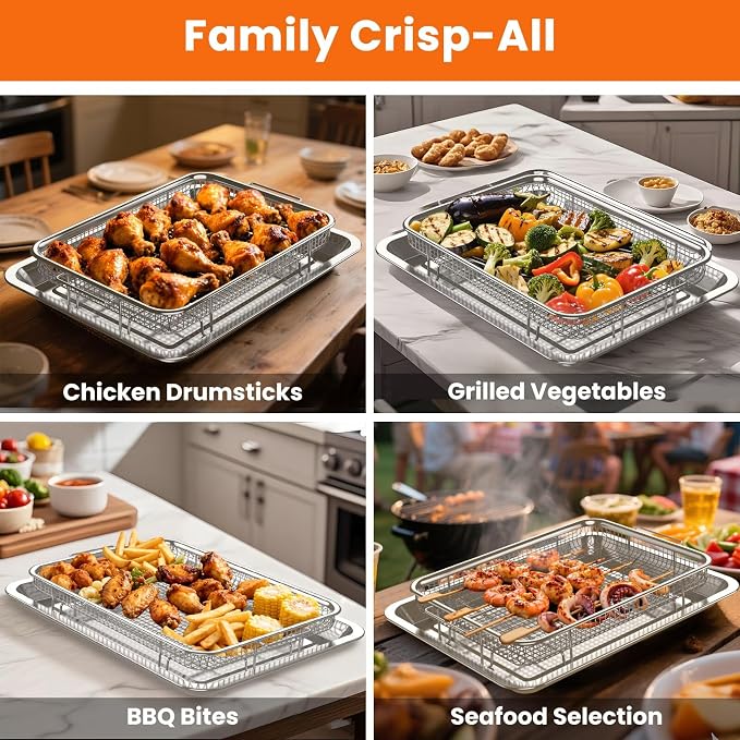 XL Air Fryer Basket & Pans for Oven | Fits 6 lb whole chicken, 18.7"x12.8" 6mm thick steel rack & tray, 30 papers, dishwasher safe ≤150°F, heavy-duty air fry