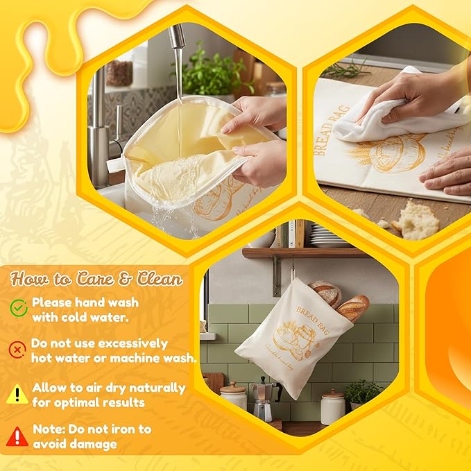 Reusable Beeswax Bread Bags - 2PCS Wide Zipper Access Bees Wax Homemade Sourdough Bread Food Storage Bag, L-shaped XL Coated Cotton Waxed Freezer Freshness Preservation for Home Kitchen Baking