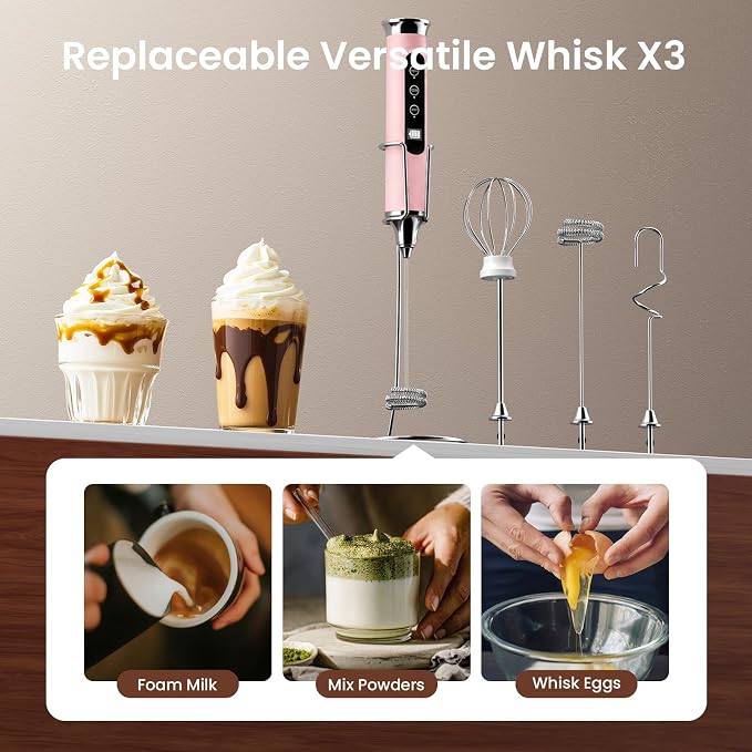 YUSWKO Milk Frother Wand for Coffee with Stand, Coffee Frother Handheld | Rechargeable Drink Mixer Wand, Waterproof Electric Whisk for Protein Powder, Lattes, 3 Variable Speeds 3 Whisks, Pink