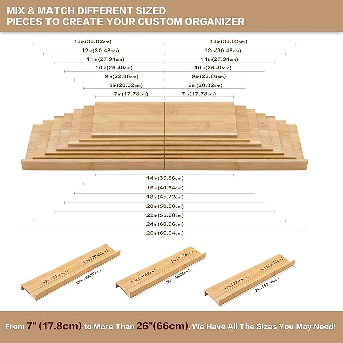 Bamboo Spice Rack Drawer Organizer - 8 Piece Set - 8" or 16" Wide
