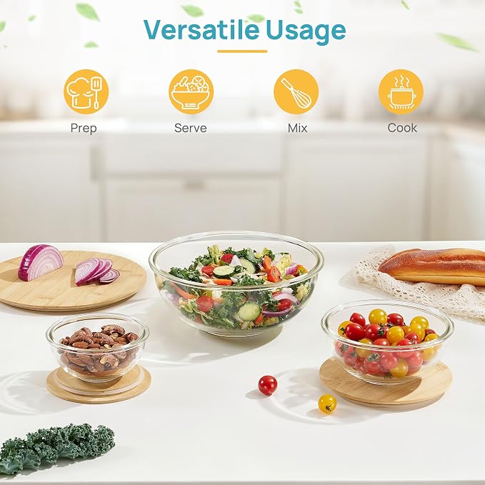 Vtopmart 3 Pack Glass Mixing Bowls with Bamboo Lids Set, Salad Bowl Set, Nesting Kitchen Bowls for Serving, Prepping, Cooking and Baking, Dishwasher & Microwavable Safe