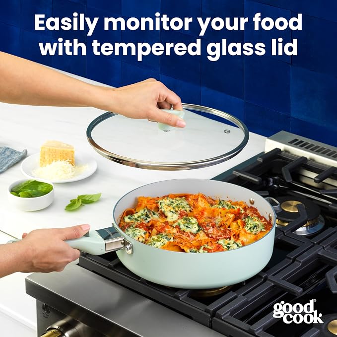 GoodCook Ceramic Deep Saute Pan Skillet with Removable Handle & Lid, Induction Compatible, Nonstick and Oven Safe, 4-Quart, Sage Green