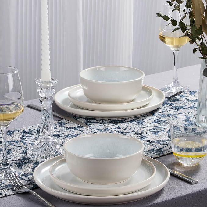 LIANYU Dinnerware Sets with Pasta Bowls for 4, 16 Piece Stoneware Plates and Bowls Set, Modern Dinning Ware Dishware Set, Microwave and Dishwasher Safe, Dusk White