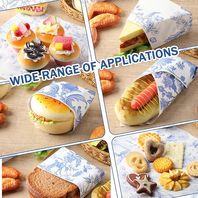Affrolling 600 Pcs Wax Paper Sheets for Food Blue Floral Chinoiserie Bird Deli Paper Vintage Sandwich Burger Parchment Wrapper Food Basket Liner Wax Sheets for Picnic Party Supplies Kitchen, 6 Styles