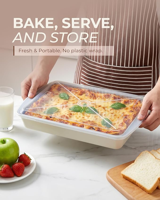 CARTMAN Cake Pan Set with Lids (2 Pans+2 Lids), 9x13 Inch Non-Stick Rectangular Coated Baking Pan, Healthy Toxin-Free Bakeware for Lasagna & Bread, Elegant Two-Tone Aesthetic Design, Cream