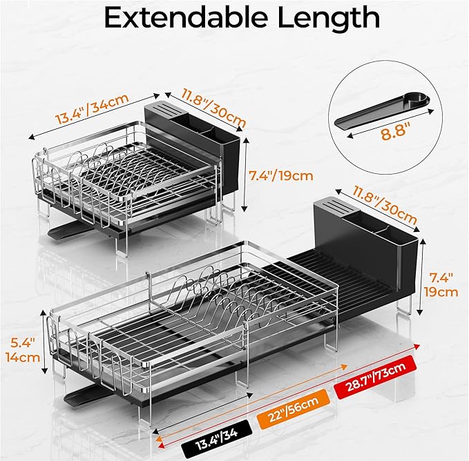 Delamu Stainless Steel Dish Drying Rack, Expandable Dish Drainer, Anti-Rust Large Dish Racks for Kitchen Counter, Dish Strainers with Drainboard, Utensil & Cup Holder, 13.4"-28.7" L x 11.8" W, Silver