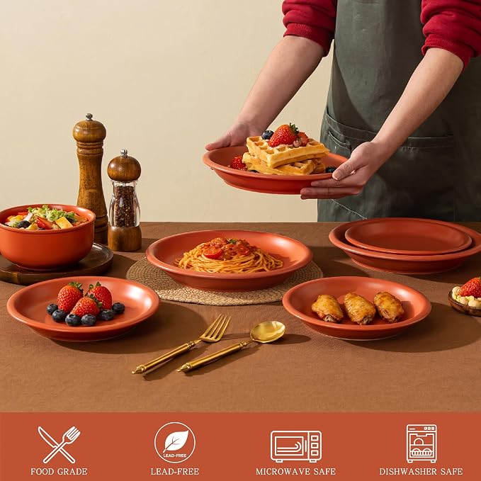 Timeworn Clay Dinnerware Set, 12 Pieces, Terracotta Red | Stoneware, Hand-Finished Glaze, Farmhouse Style, Microwave and Dishwasher Safe