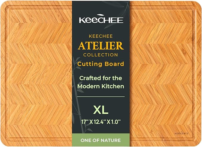 Keechee Atelier Collection Bamboo Cutting Board, Reversible Wood Chopping Boards for Kitchen with Juice Grooves, Handcrafted Large Serving Tray, Luxury Housewarming Wedding Gifts for New Home