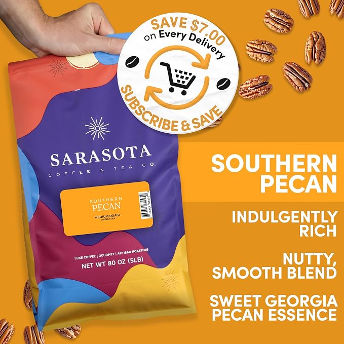 Sarasota Coffee Whole Bean Southern Texas Butter Pecan | Medium Roast Gourmet Flavored Coffee Beans | Low Acid, Mold Free, Specialty Grade Bulk Beans | 5lb (80 oz)