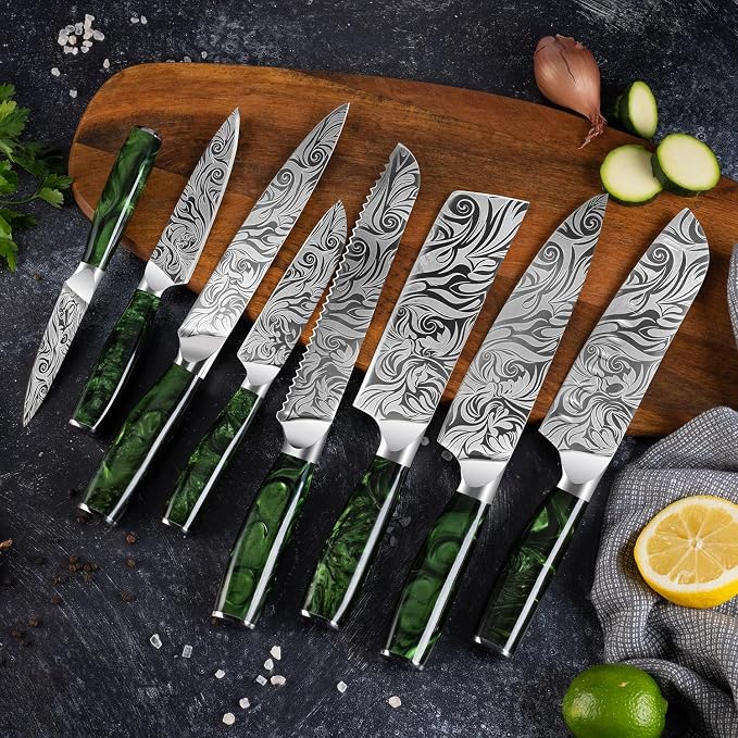 SENKEN 8-piece Engraved Japanese Kitchen Knife Set & Beautiful Green Resin Epoxy Handles - Wasabi Collection - Chef's Knife, Santoku, Cleaver, Paring, & More