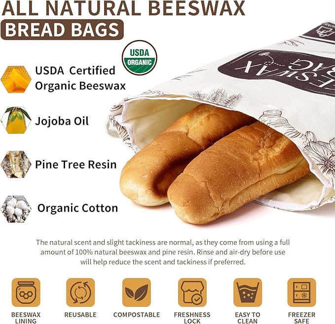 2 Pack Organic Beeswax Bread Bags for Bread & Sourdough, XL Organic Linen Reusable Bread Storage Bag with Removable Double Bags for Easy Cleaning, Food-Safe, Plastic-Free, Keeps Bakes Fresh Longer | Reusable, Non-Plastic, Removable Bags, Eco-Friendly