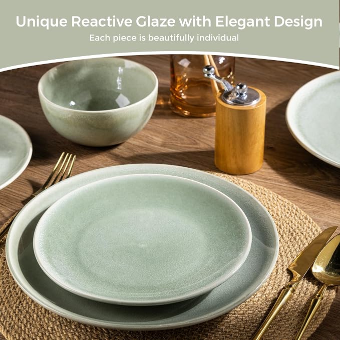 GBHOME 24 Pieces Double Bowls Dinnerware Sets for 6, Stoneware Plates and Bowls Set with Reactive Glaze, Scratch Resistant Stoneware Dishes Set, Dishwasher & Microwave Safe-Light Green