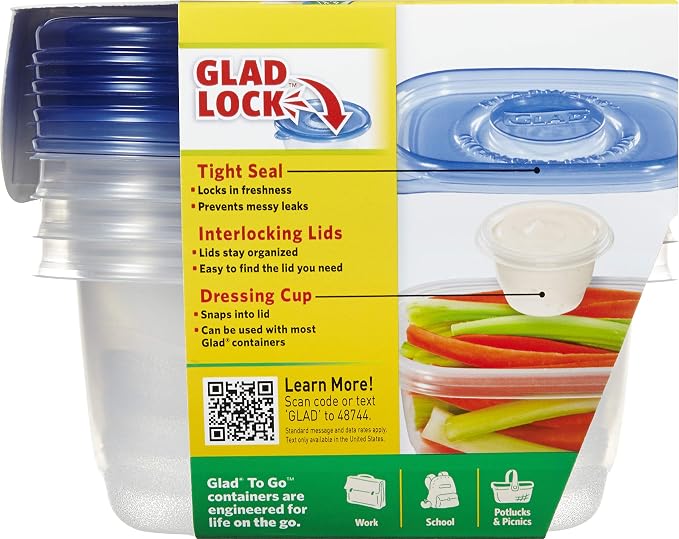 Glad GladWare To Go Snack Food Storage Containers with Lids, Medium Rectangle No BPA Plastic with Built-In Dressing Cup for Salads and Snacks, Microwave Dishwasher Safe, 24 Oz, 4 Count