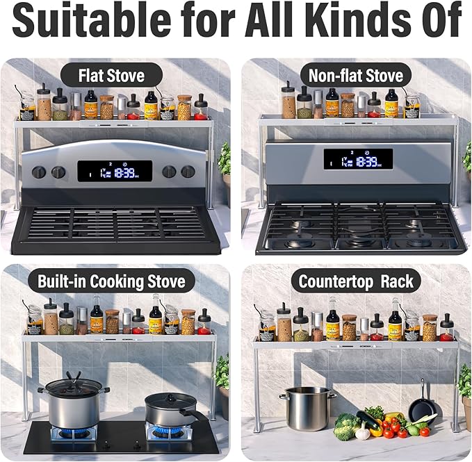 BOIVSHI Stove Top Shelf - Adjustable Oven Shelf for Top of Stove for 27-33inch, Kitchen Spice Organizer, Silver