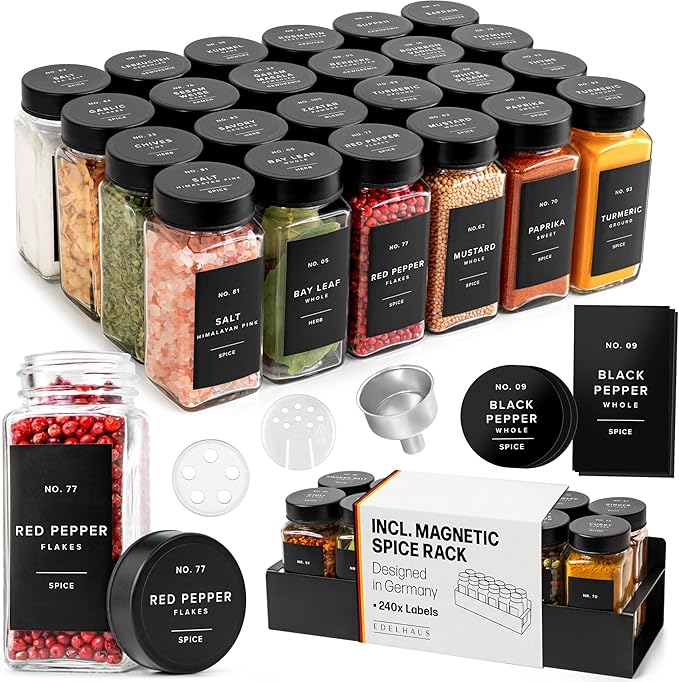 EDELHAUS Square Glass Spice Jars (24 x 4oz) with Black Lids + Magnetic Spice Rack for Refrigerator (Fits 12 Jars) + Bonus Slim Auxiliary Rack, 240 Labels, Shaker Inserts, Funnel