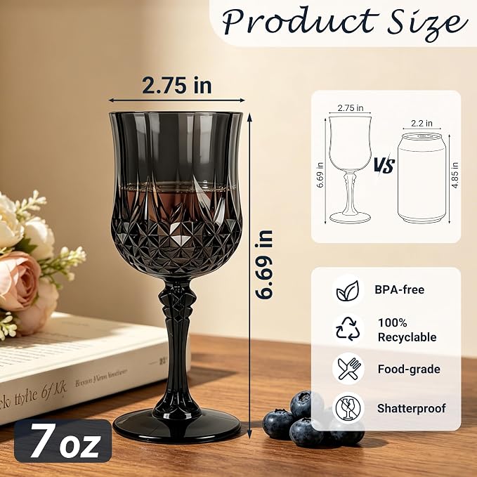 Plastic Wine Glasses, Plastic Goblets Vintage Style Cordial Unbreakable Drinking Glasses, Reusable Drinkware for Wedding Reception, Grand Event Party Supplies (24, Black)