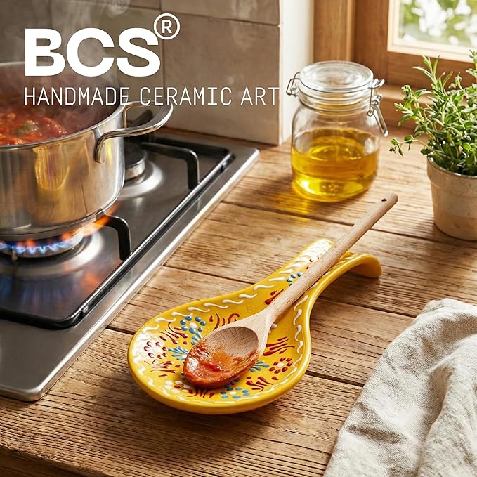 BCS Ceramic Spoon Rest, Large 9” Hand Painted Spoon Holder for Stove Top & Kitchen Counter, Dishwasher Safe & Heat Resistant Utensil Holder, Floral Kitchen Decor, Handmade Pottery