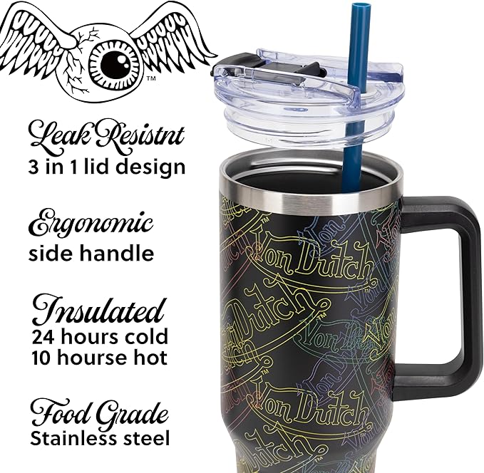 Von Dutch Neon Logo 40oz Double Walled Insulated Food Grade Stainless Steel Tumbler, BPA Free - 24 Hours Cold / 10 Hours Hot