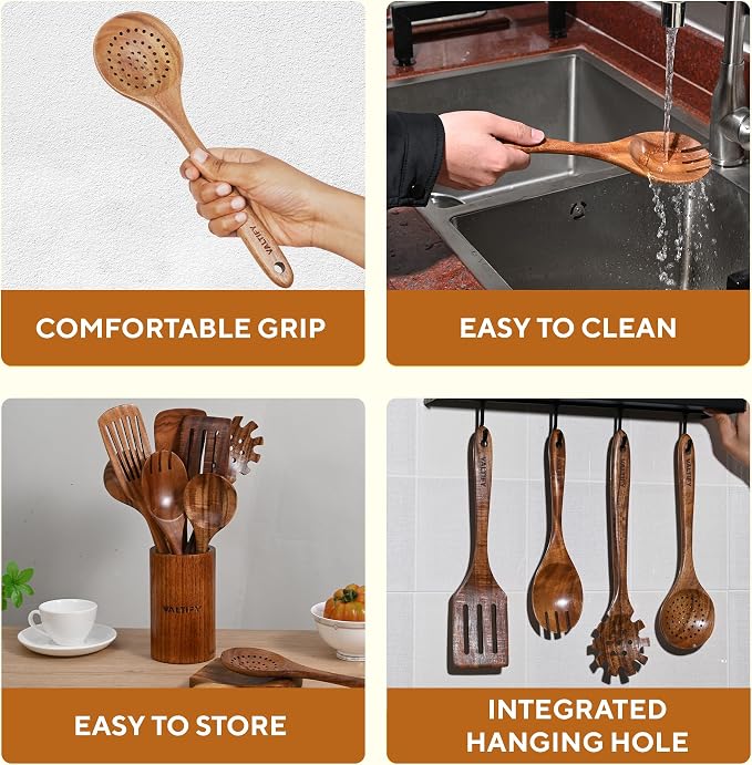 Kitchen Utensil Set | 17-Piece Wooden Cooking Utensils with Holder & Hooks | Teakwood Utensils Set for Cooking | Non Toxic Wooden Spoons | Spatulas & Kitchen Accessories