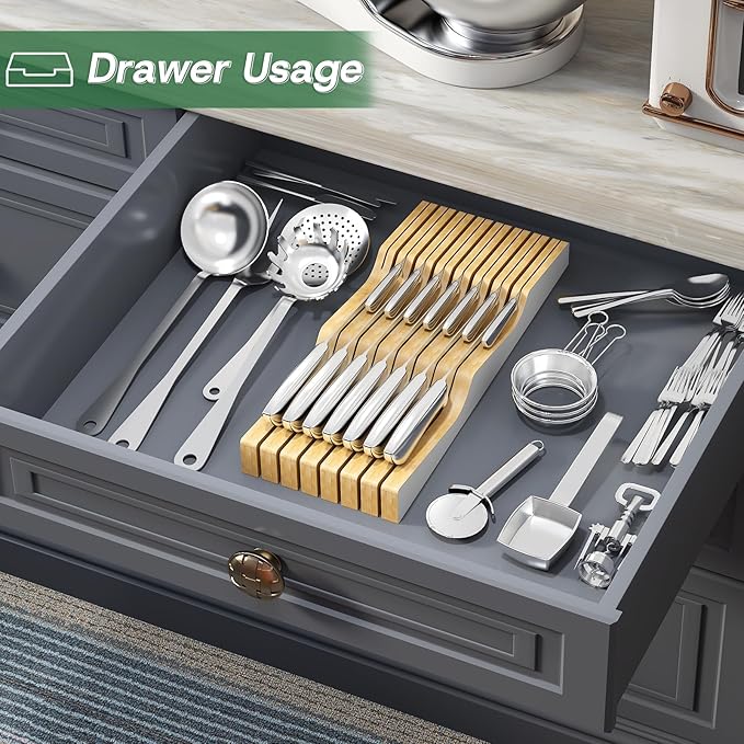 Large Knife Drawer Organizer Insert, Bamboo Wood Knife Holder, Knife Block Hold up To 15 Knives