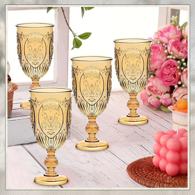Wiwiqing 24 Pcs Plastic Goblets 7.5oz Vintage Goblet Plastic Wine Glasses Colored Retro Embossed Water Goblets for Wine Bar Juice Baby Shower Wedding Reception Grand Event Party (Amber)