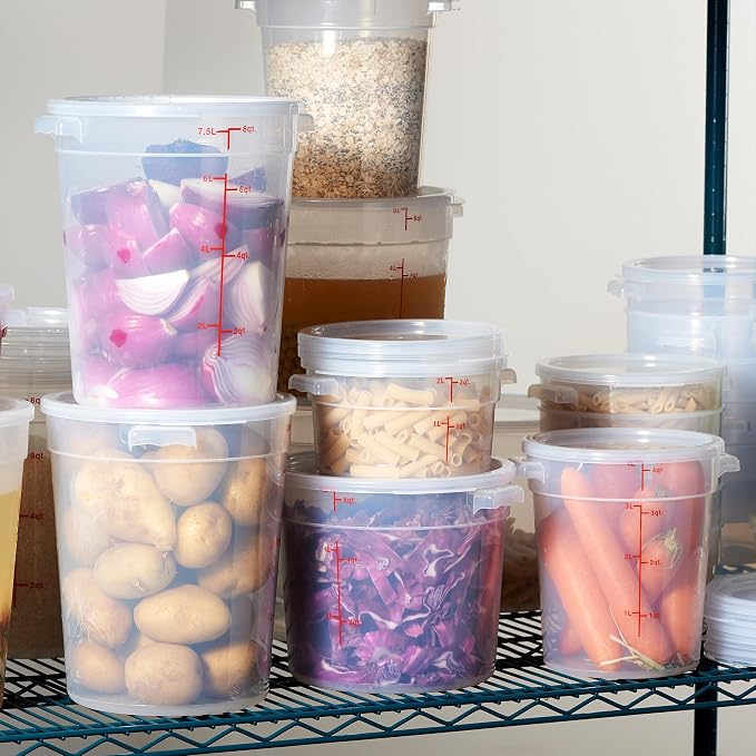 CURTA 8 Quart Translucent Round Food Storage Container with Lid, Pack of 4 – NSF Listed, BPA-Free, Commercial-Grade Polypropylene, Freezer & Dishwasher Safe, Non-Stick, Easy-Read Graduations