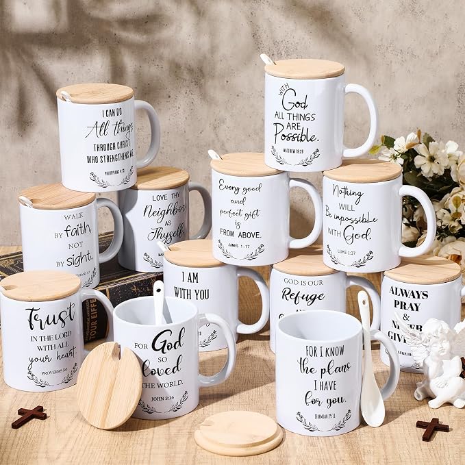 Didaey 12 Sets Christian Gifts Bulk Religious Coffee Mugs 12oz Bible Verses White Ceramic Cup with Lid Handle Spoon Inspirational Mug Church Gift for Men Coworker Employee Staff(Christian)