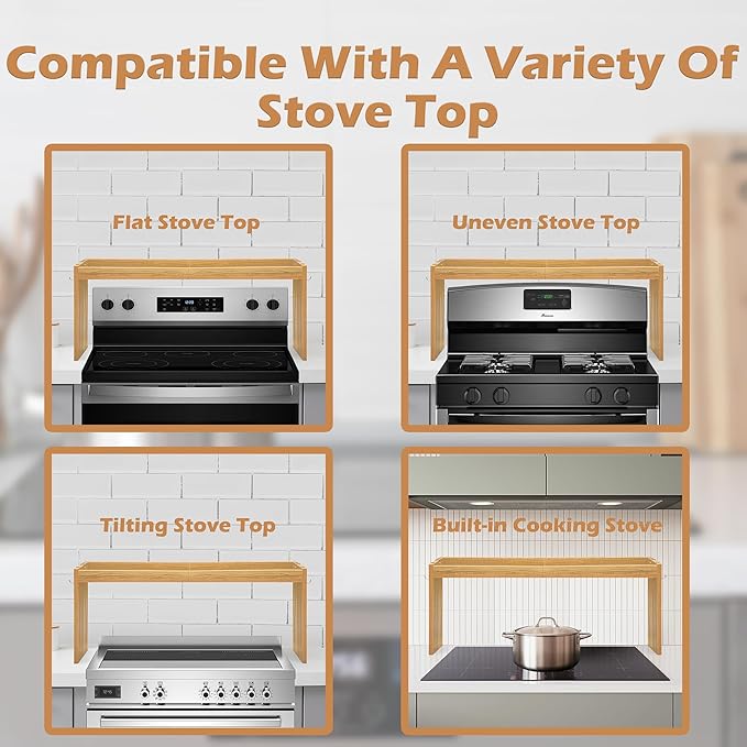 Over The Stove Shelf, Wood Stove Top Shelf,31.5" Stove Top Organizer Shelves with 6 Hooks,11.5" Height Over Stove Spice Rack for Kitchen, Oak