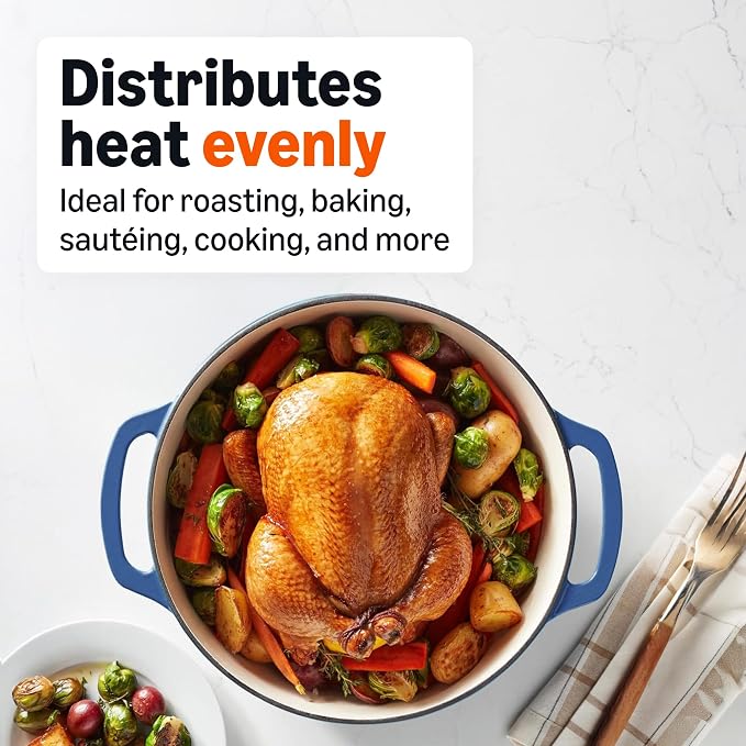 Amazon Basics Enameled Cast Iron Dutch Oven Pot with Lid, Round, Dual Handles, Heavy-Duty, Oven Safe for Stews, Roasting, Baking, 7.3-Quart, Navy