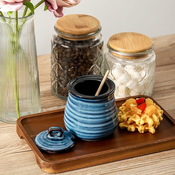 Ceramic 12 Ounce Honey Jar and Dipper Set,Porcelain Honey Pot with Lid and Wooden Dipper,Cute Honey Containers for Party,Holiday,Halloween Favors,Farmhouse Kitchen Decor,Dishwasher Safe,Blue