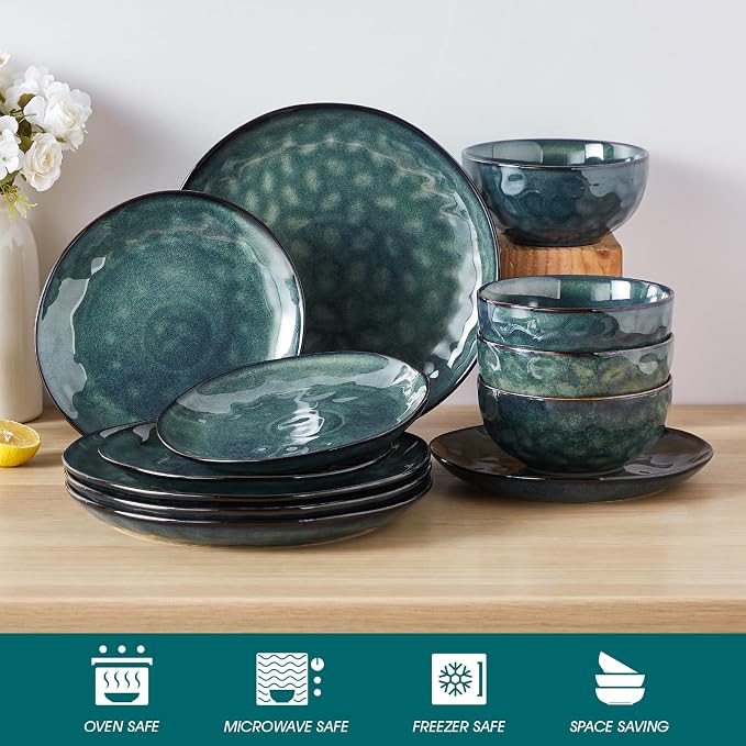 vancasso Starry Dinnerware Set for 4, Handmade Reactive Glaze Stoneware 12 Pieces Plates and Bowls Sets, Dishwasher and Microwave Safe Dish Set, Green