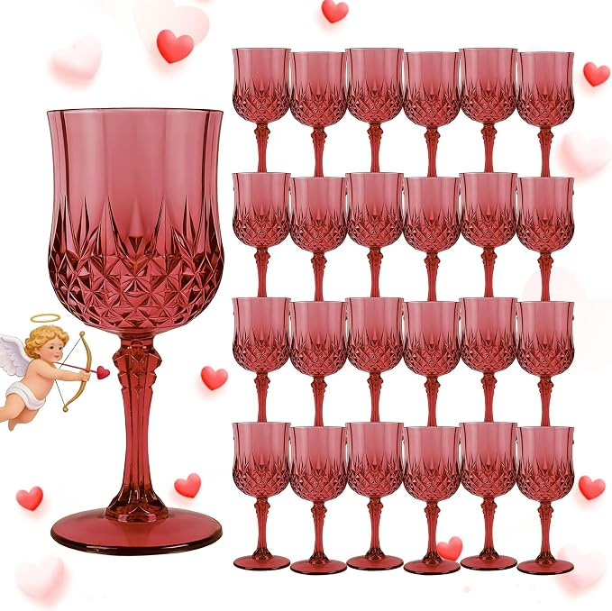 Plastic Wine Glasses, Plastic Goblets Vintage Style Cordial Unbreakable Drinking Glasses, Reusable Drinkware for Wedding Reception, Grand Event Party Supplies (24, Burgundy)