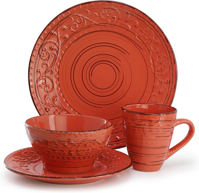 Elama Malibu Jasper 16-Piece Stoneware Embossed Pattern Reactive Glaze Orange Dinnerware Set, Tableware, Serveware Set (Jasper Orange)